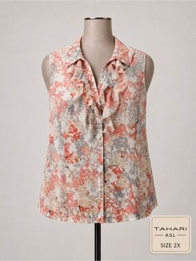Tahari ASL Floral Ruffle Sleeveless Blouse in Coral and Gray
